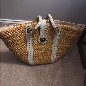 Michael Kors Santorini Straw Bag Tan and White Woven Shoulder Bag
